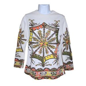 Vintage 70s Tunic Top Shirt Womens Size S White Orange Psychedelic Hippie Groovy